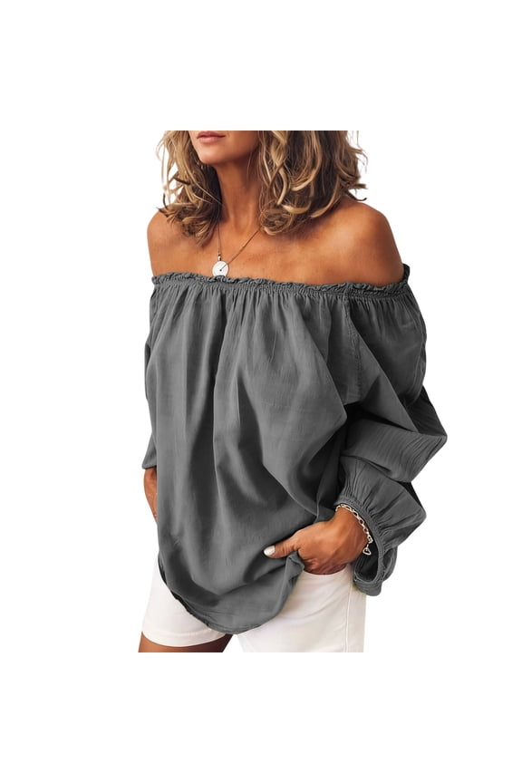 Womens Off Shoulder Tops Linen Cotton Tops Long Sleeves Ruffle Balloon Sleeve Shirts Casual Blouses