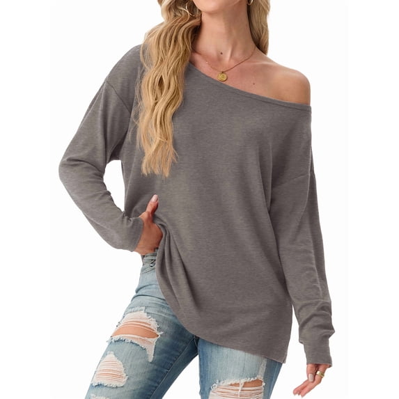 JWD Womens Off Shoulder Tops Long Sleeve Casual Loose Fit Pullover Shirts Relaxed Fit Blouse Gray M