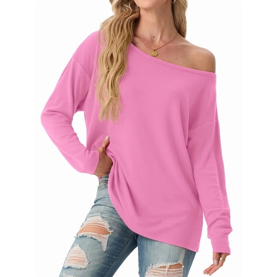 JWD Womens Off Shoulder Tops Long Sleeve Casual Loose Fit Pullover Shirts Relaxed Fit Blouse Pink XL