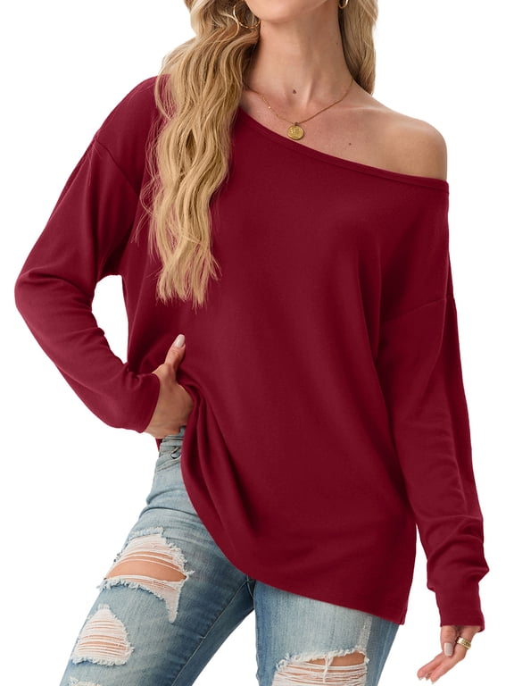 Womens Off Shoulder Tops Long Sleeve Casual Loose Fit Pullover Shirts Relaxed Fit Blouse Wine Red L