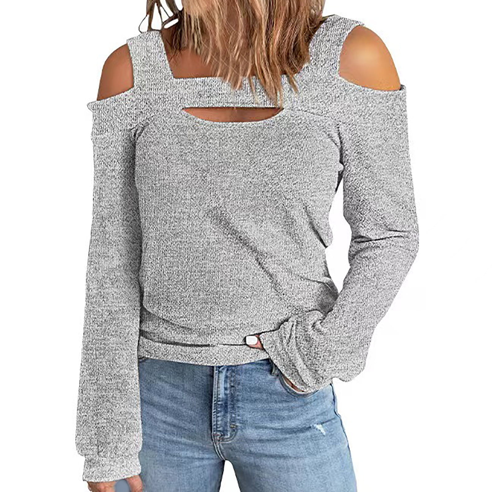 Spring Pullover Womens Off Shoulder Tops Long Sleeve Knit Pullover Cold Shoulder Cute ...