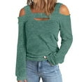 thumbnail image 1 of Womens Off Shoulder Tops Long Sleeve Knit Pullover Cold Shoulder Cute Tee Blouses Spring Plain Tshirt, Green L, 1 of 5