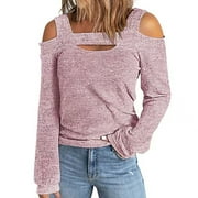 Womens Off Shoulder Tops Long Sleeve Knit Pullover Cold Shoulder Cute Tee Blouses Spring Plain Tshirt, Pink M