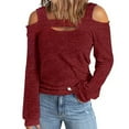 thumbnail image 1 of Womens Off Shoulder Tops Long Sleeve Knit Pullover Cold Shoulder Cute Tee Blouses Spring Plain Tshirt, Red S, 1 of 5