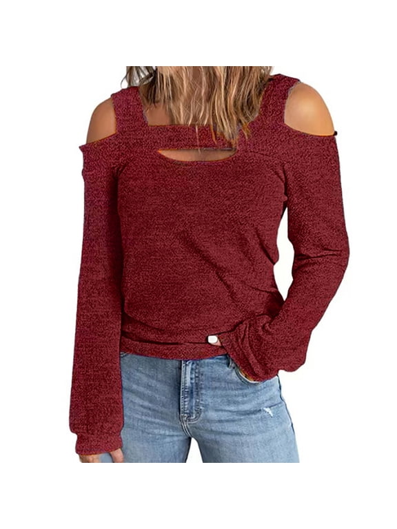 Womens Off Shoulder Tops Long Sleeve Knit Pullover Cold Shoulder Cute Tee Blouses Spring Plain Tshirt, Red XL