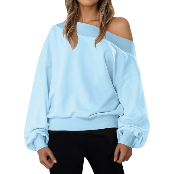 Womens Off Shoulder Tops, Long Sleeve Pullover for Women Fall Fashion Loose Fit Solid Color Thin Sweaters S-2XL
