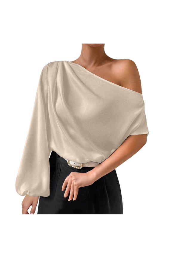 Womens Off Shoulder Tops, Long Sleeve Shirts for Women Fall Fashion Lightweight Solid Color Dressy Blouses