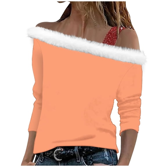 Womens Off Shoulder Tops, Long Sleeve Shirts for Women Fall Fashion Plus Size Solid Color Fleece Dressy Blouses S-3XL