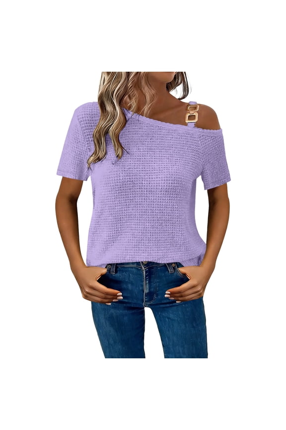 Womens Off Shoulder Tops, Short Sleeve Shirts for Women Casual Loose Fit Solid Color Dressy Blouses with Strap Mothers&nbsp;Day&nbsp;Gifts