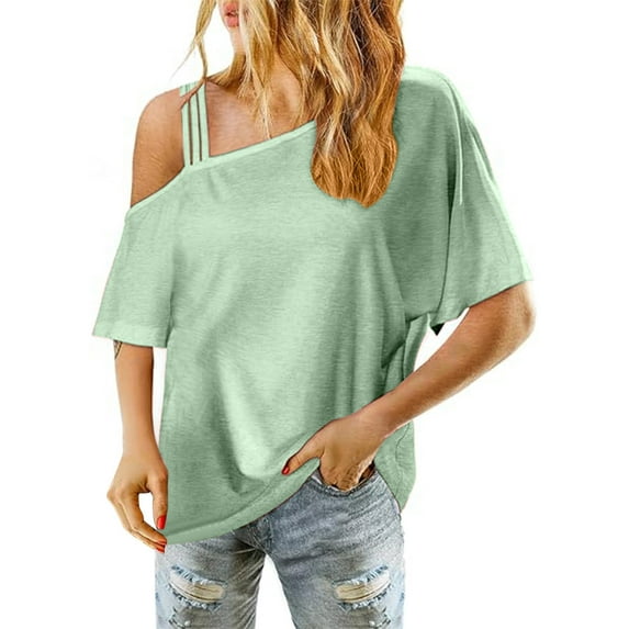 Womens Off Shoulder Tops, Short Sleeve Shirts for Women Summer Casual Loose Fit Solid Color Dressy Blouses