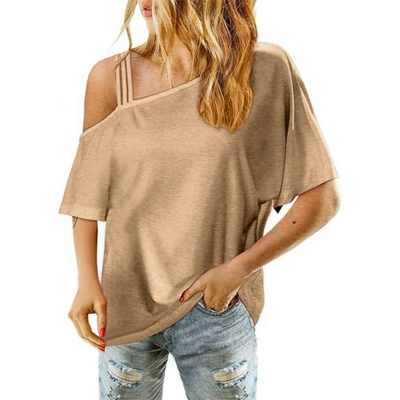 Womens Off Shoulder Tops, Short Sleeve Shirts for Women Summer Casual Loose Fit Solid Color Dressy Blouses