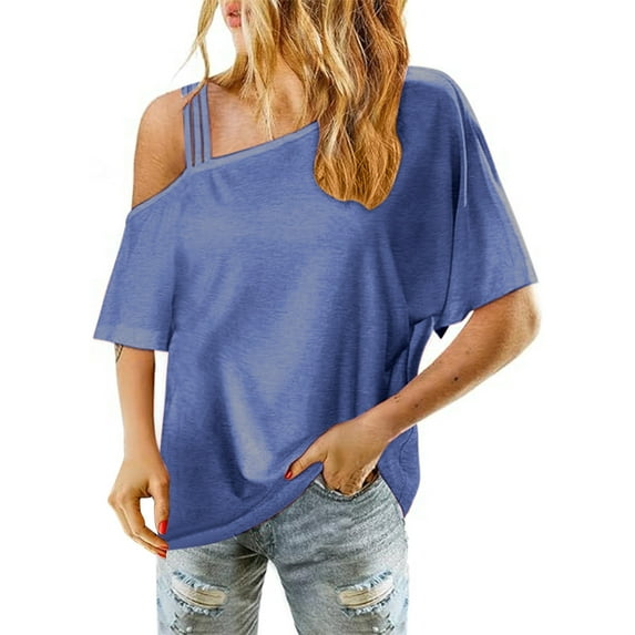 Womens Off Shoulder Tops, Short Sleeve Shirts for Women Summer Casual Loose Fit Solid Color Dressy Blouses