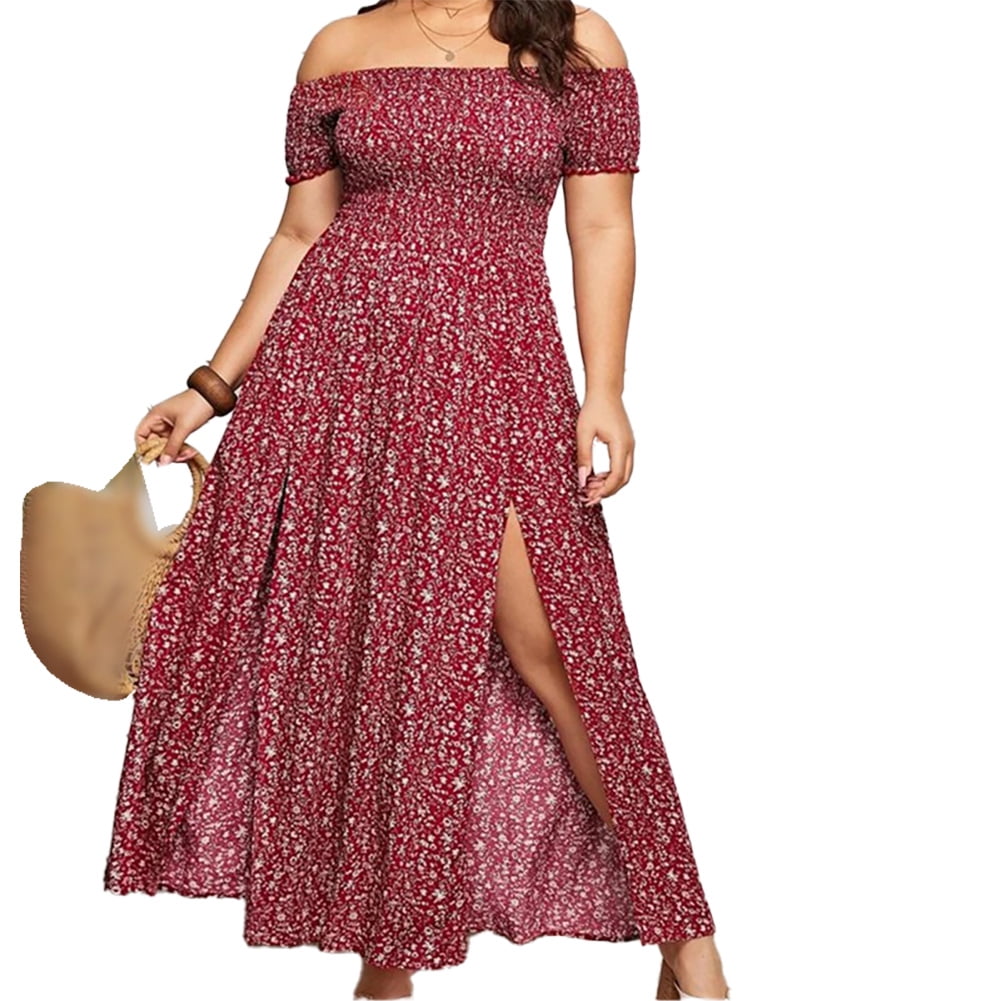 Women's 3D Print Off Shoulder Camouflage Boho Maxi Dress - Summer Beach Long Dress With Elastic Bust