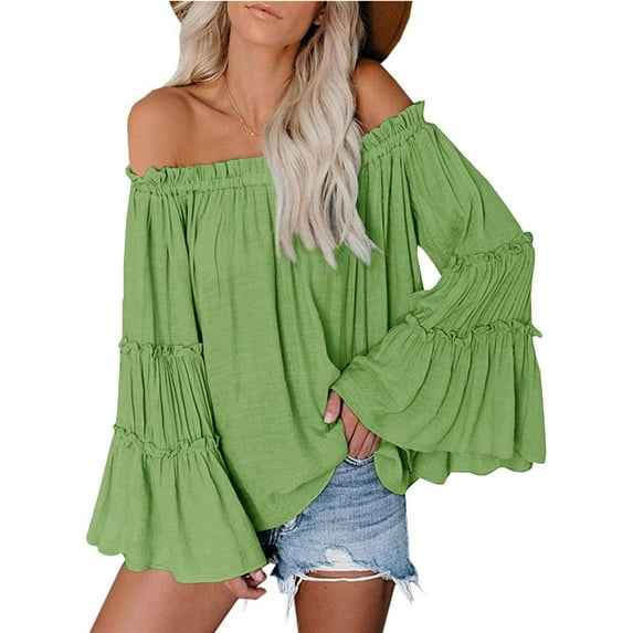 Womens Off The Shoulder Long Bell Sleeve Tops Casual Loose Boho Blouse