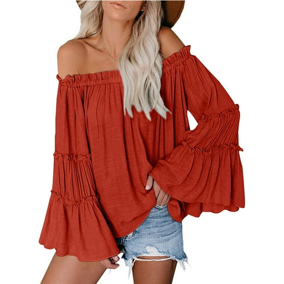 Womens Off The Shoulder Long Bell Sleeve Tops Casual Loose Boho Blouse