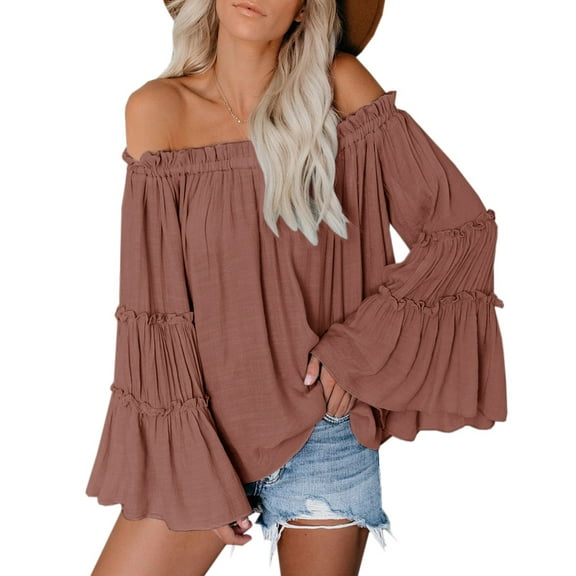 Womens Off The Shoulder Long Bell Sleeve Tops Casual Loose Boho Blouse