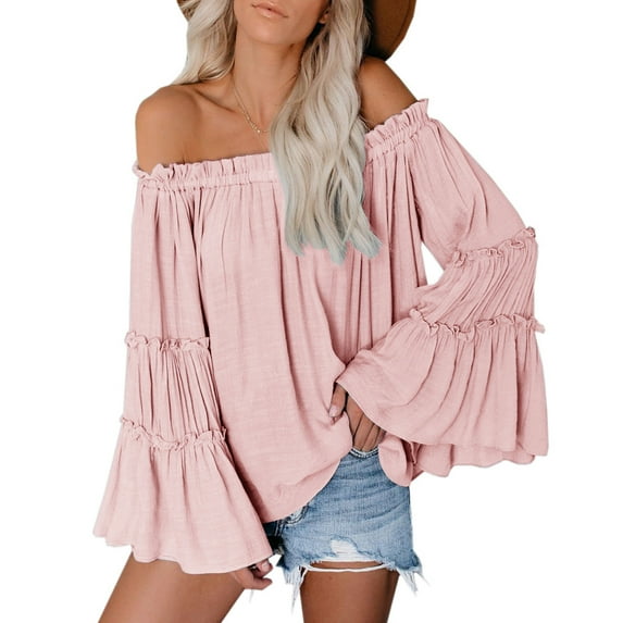 Womens Off The Shoulder Long Bell Sleeve Tops Casual Loose Boho Blouse