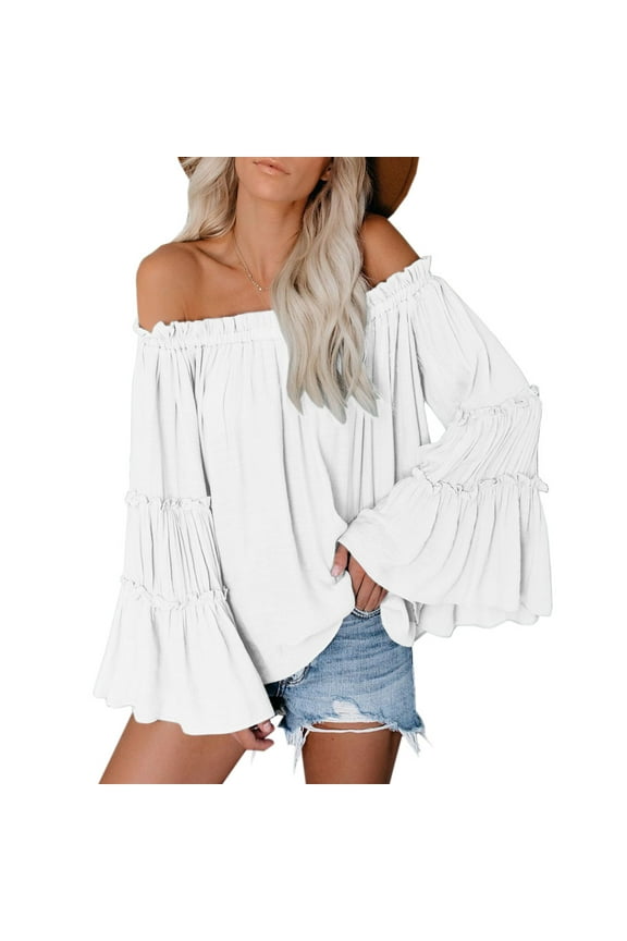 Womens Off The Shoulder Long Bell Sleeve Tops Casual Loose Boho Blouse