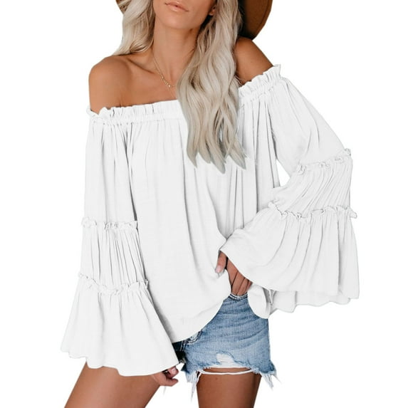 Womens Off The Shoulder Long Bell Sleeve Tops Casual Loose Boho Blouse