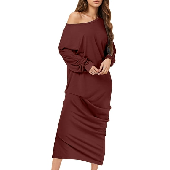 SCSAlgin Womens Off The Shoulder Long Sleeve Party Dress Casual Loose Beach Maxi Dress Solid Wrinkled Dresses