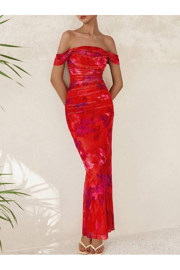 Womens Off-The-Shoulder Ruched Bodycon Maxi Dress In Rust Red Print