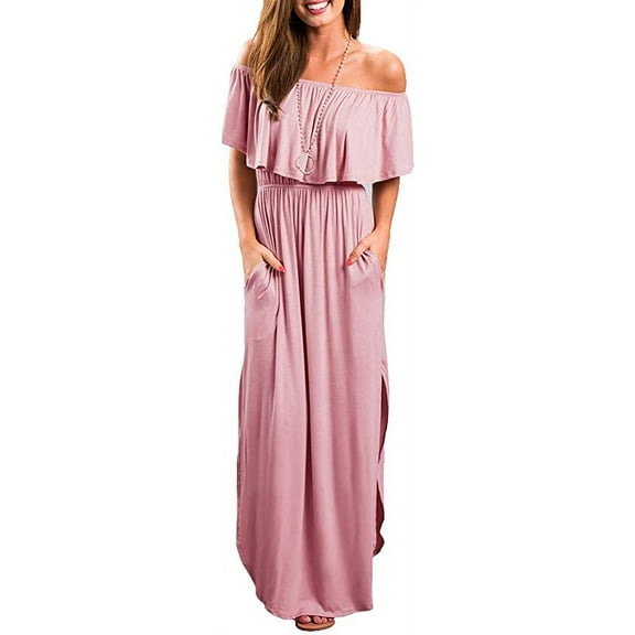 Womens Off The Shoulder Ruffle Party Dresses Side Split Beach Maxi Dress