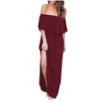 thumbnail image 1 of Womens Off The Shoulder Ruffle Strapless Maxi Dress Casual Side Split Beach Cocktail Long Maxi Dresses with Pockets, 1 of 5
