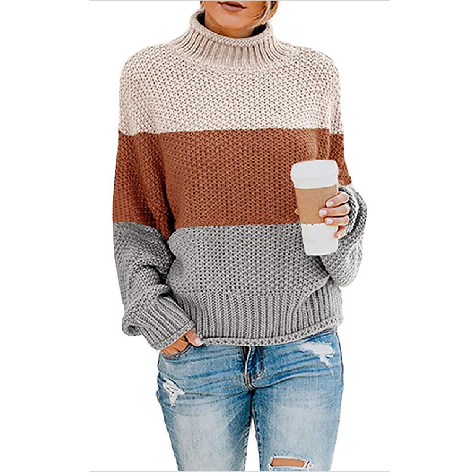 Long Sleeved Loose Striped Turtleneck Off-The-Shoulder Sweater Long Sleeved Loose Striped Turtleneck Off-The-Shoulder Sweater
