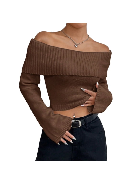 Womens Off The Shoulder Sweater Long Sleeve Knitted Cropped Trendy Pullover Slouchy Fold Over Jumper Tops,L