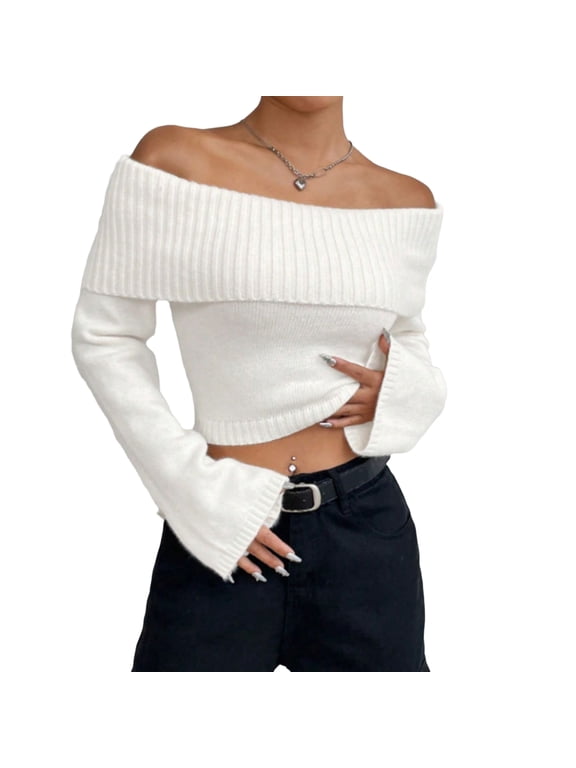 Womens Off The Shoulder Sweater Long Sleeve Knitted Cropped Trendy Pullover Slouchy Fold Over Jumper Tops,M