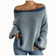thumbnail image 1 of Womens Off The Shoulder Sweater Oversized Striped Long Sleeve Loose Pullover Knitted Sweatshirt Fall Casual Sexy Top (Blue 2XL ), 1 of 5