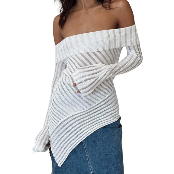 Womens Off The Shoulder Sweater Sexy Sheer Knit Relax Fitted Long Sleeve Asymmetrical Blouse Tops