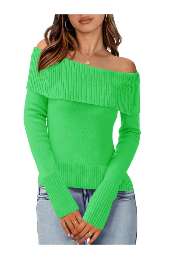 Womens Off The Shoulder Sweaters Casual Long Sleeve Ribbed Knit Slim Fit Y2K Going Out Pullover Tops