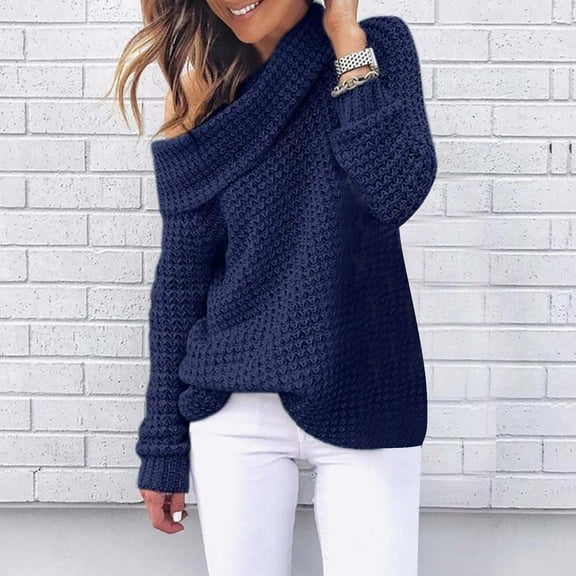 Womens Off The Shoulder Sweaters Casual Loose Knit Long Sleeve Pullover Oversized Turtleneck Sweater Jumper Tunic Tops S-3XL