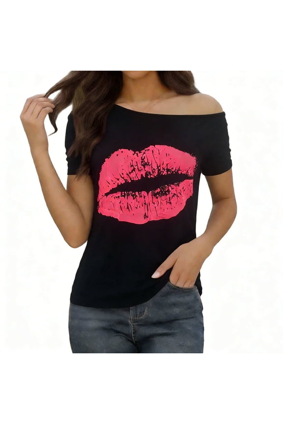 Womens Off The Shoulder T-Shirts Short Sleeve Trendy Lips Print Tees Summer Casual Loose Fit Y2K Tunic Tops Blouses