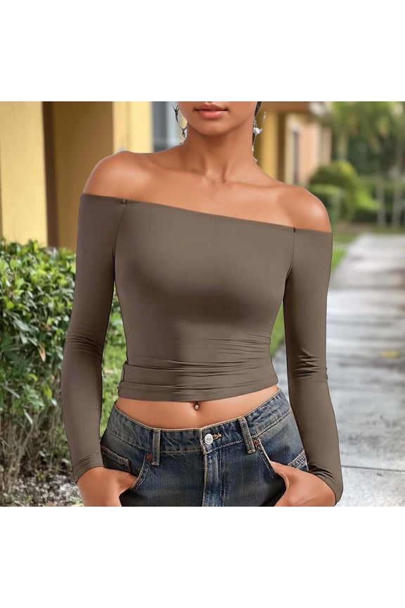 Womens Off The Shoulder Tops Long Sleeve Bodycon Crop Tops Sexy Party Clubwear Fall Stretchy Casual Date Night Going Out Tops