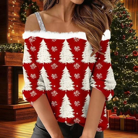Womens Off The Shoulder Tops Long Sleeve Christmas Shirt with Double Strap Design Comfort Holiday Party Wear Going Out Tops