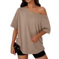 thumbnail image 1 of Womens Off The Shoulder Tops Oversized T-Shirts Short Sleeve Tees Summer 2026 Casual Spring Fashion Clothes Khaki 2XL, 1 of 5
