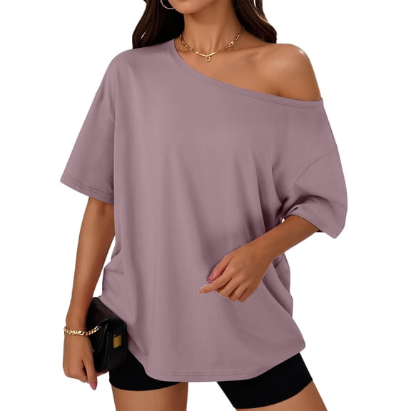 Womens Off The Shoulder Tops Oversized T-Shirts Short Sleeve Tees Summer 2026 Casual Spring Fashion Clothes Purple Pink S