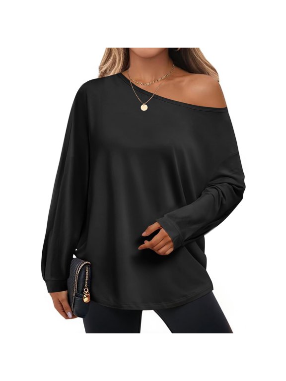 Womens Off The Shoulder Tops Oversized Tshirts Long Sleeve 2026 Casual Basic Tees