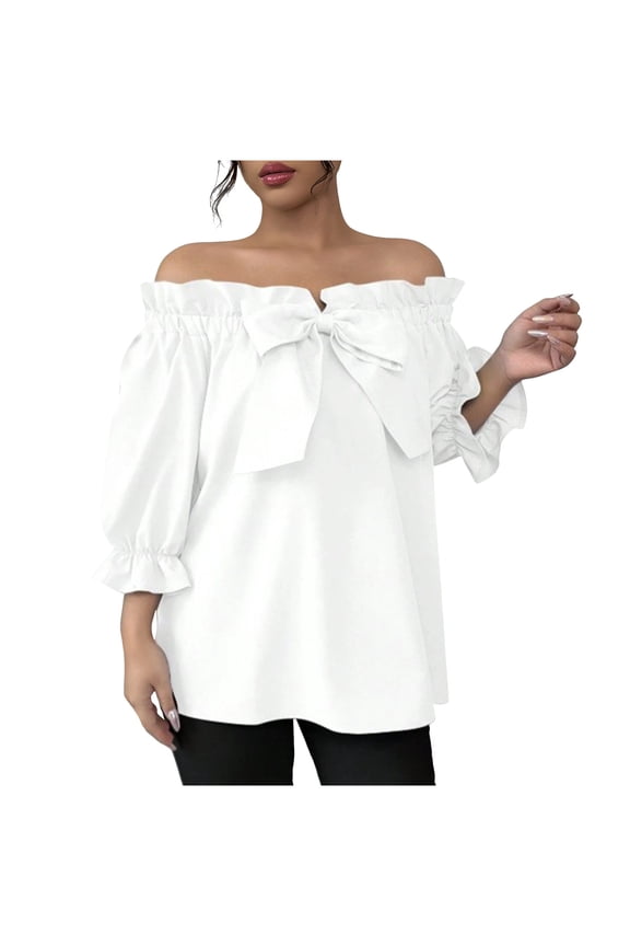 Womens Off The Shoulder Tops Puff Short Sleeve Cute Ruffle Trim Bowknot Tie Front Loose Fit Ruffle Shirts Blouses White Ruffle Top