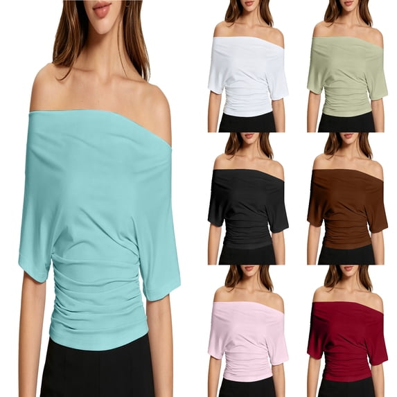 Womens Off The Shoulder Tops Short Sleeve Banded Bottom Tee Shirts (Blue M)