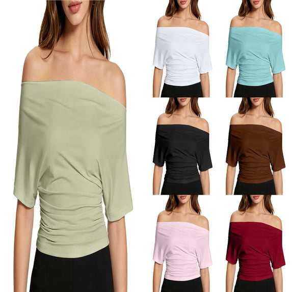 Womens Off The Shoulder Tops Short Sleeve Banded Bottom Tee Shirts (Green L)