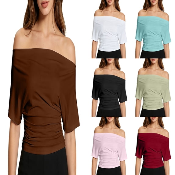 Womens Off The Shoulder Tops Short Sleeve Banded Bottom Tee Shirts (Khaki M)