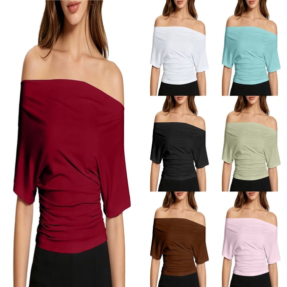 Womens Off The Shoulder Tops Short Sleeve Banded Bottom Tee Shirts (Red S)