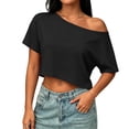 thumbnail image 1 of Womens Off The Shoulder Tops Short Sleeve Solid Crop Tops Casual Loose Summer T Shirt, L, 1 of 5