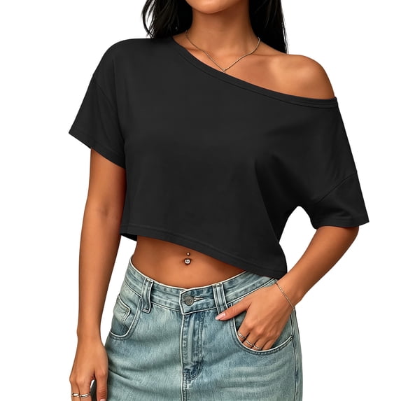 Womens Off The Shoulder Tops Short Sleeve Solid Crop Tops Casual Loose Summer T Shirt, L