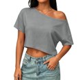 thumbnail image 1 of Womens Off The Shoulder Tops Short Sleeve Solid Crop Tops Casual Loose Summer T Shirt, M, 1 of 5