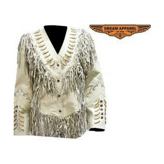 Womens Off White Leather Jacket with Beads, Studs & Bone, Fringe with Snaps - Extra Small