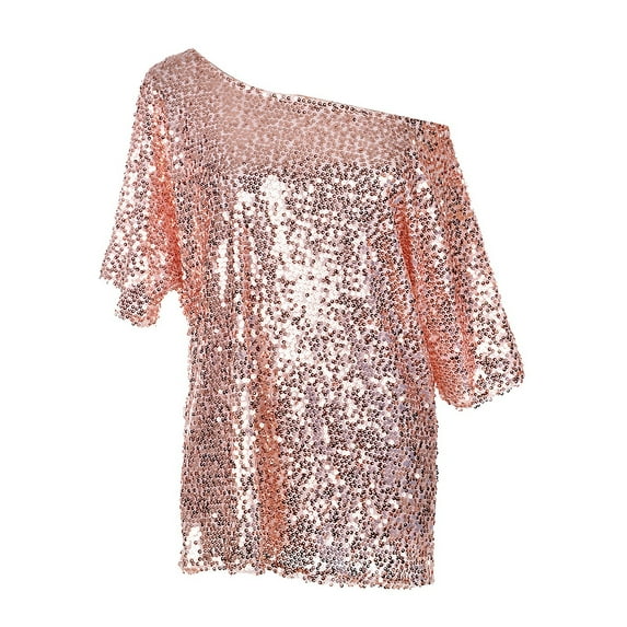 Womens Off-shoulder Sexy Blouses Loose Shirt Tops Glistening Sequin Tank Top Blouse